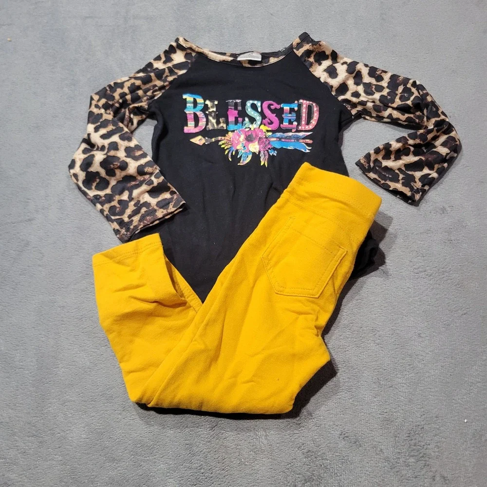 Boutique Girls 3T Yellow Black Leopard Blessed Raglan Top Leggings Outfit Set‎